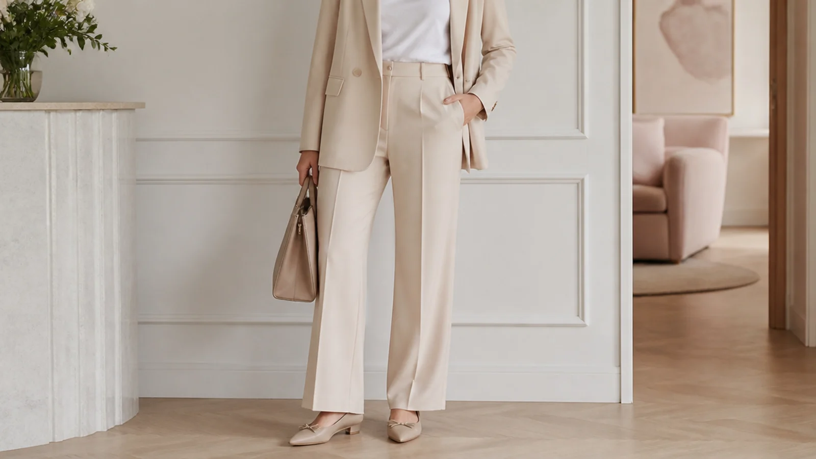 Faceless workwear outfit with an oatmeal crepe blazer, a white tee, matching beige trousers and pointed flats