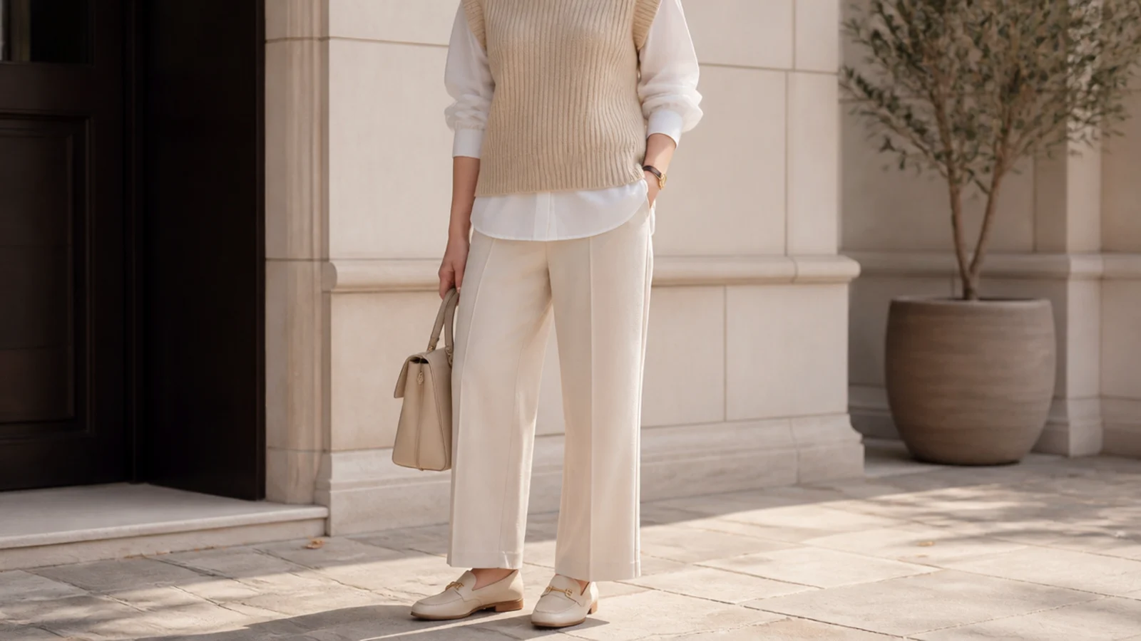 Faceless outfit with a beige ribbed knit vest over a white poplin shirt with beige trousers and loafers