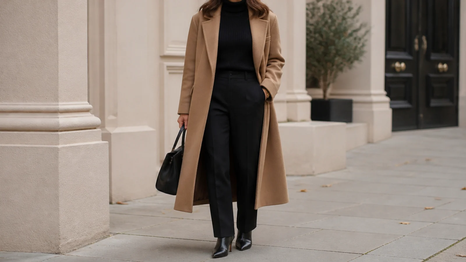 Faceless outfit with a camel wool coat over a black turtleneck, black tailored trousers and black boots
