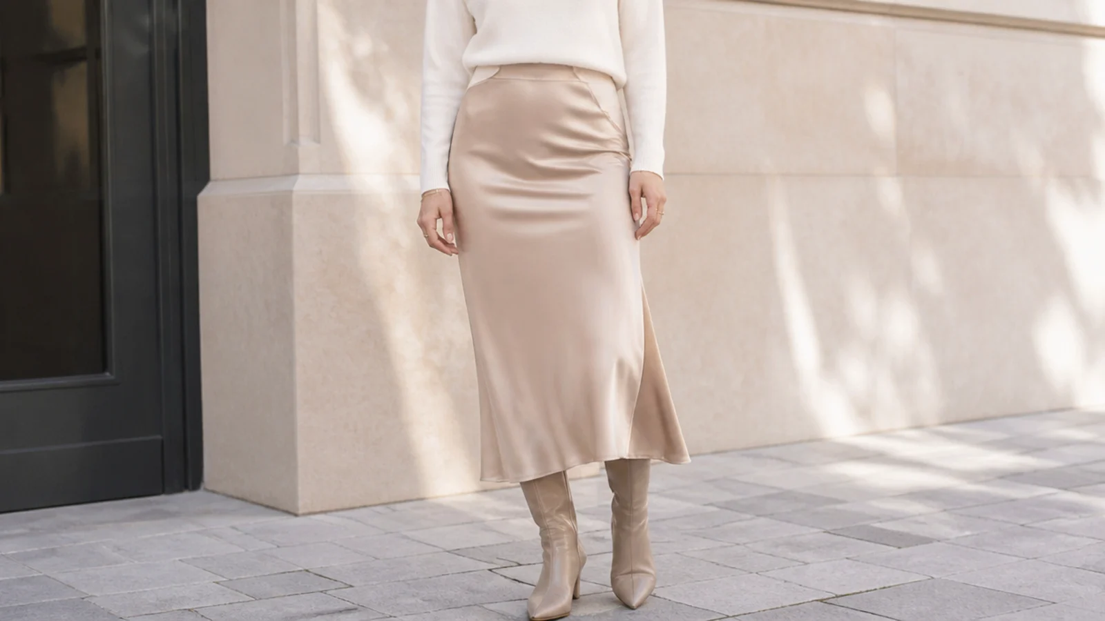 Faceless outfit with a beige satin bias-cut midi skirt and a tucked white fine-knit with tan knee boots