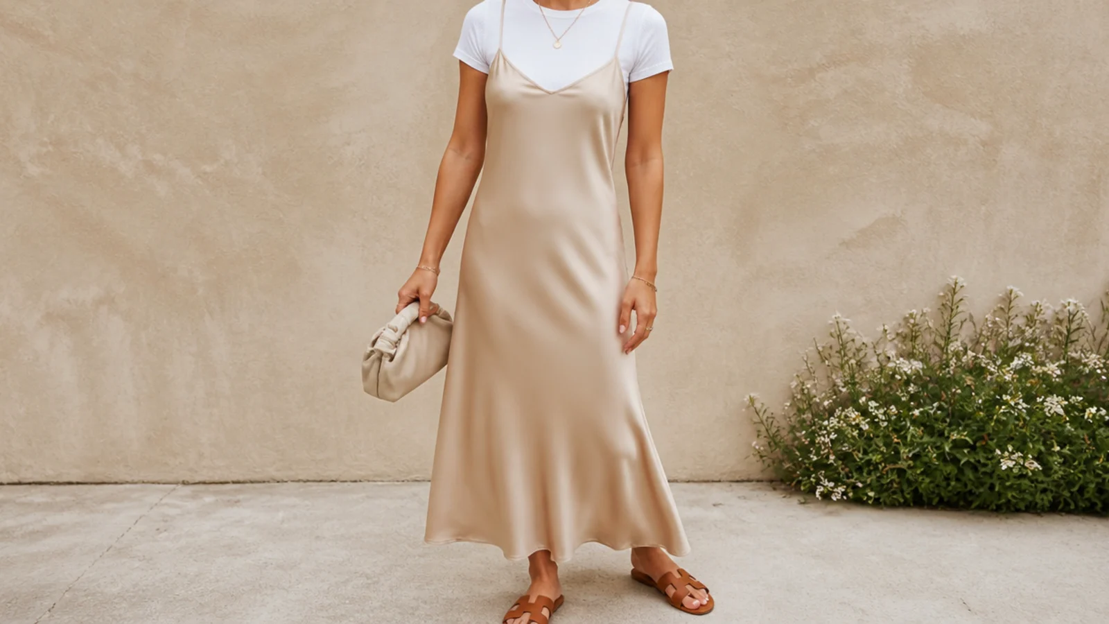 Faceless outfit with a beige satin bias slip dress layered over a fitted white tee with tan sandals