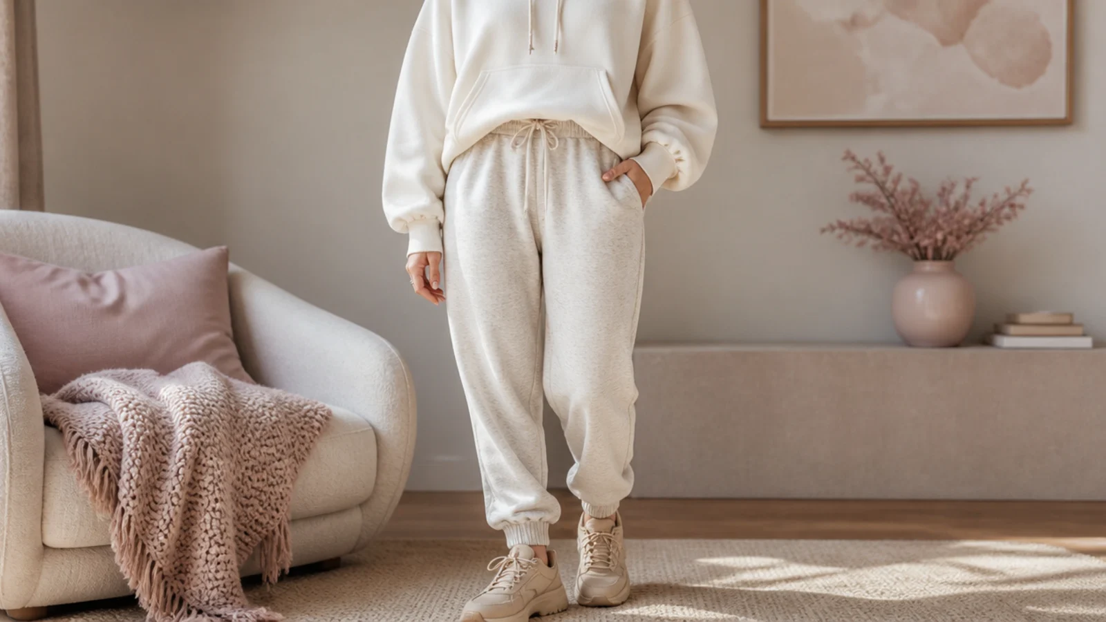 Faceless cozy outfit with oatmeal sweatpants, a cream hoodie and tan chunky sneakers
