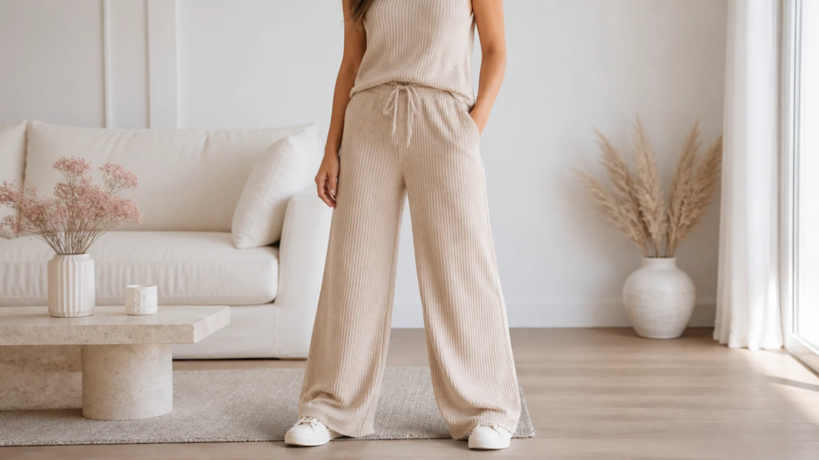 Faceless outfit with a matching sand ribbed knit top and wide-leg pants set with white sneakers