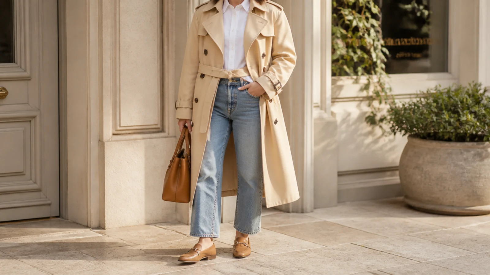 Faceless outfit with a classic beige trench coat belted over a white shirt, straight jeans and tan loafers