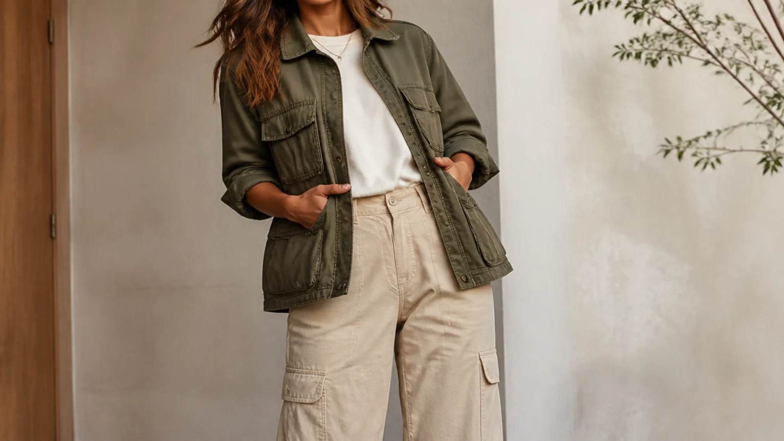 Faceless casual outfit with an olive utility jacket over a cream tee, beige cargo trousers and white sneakers
