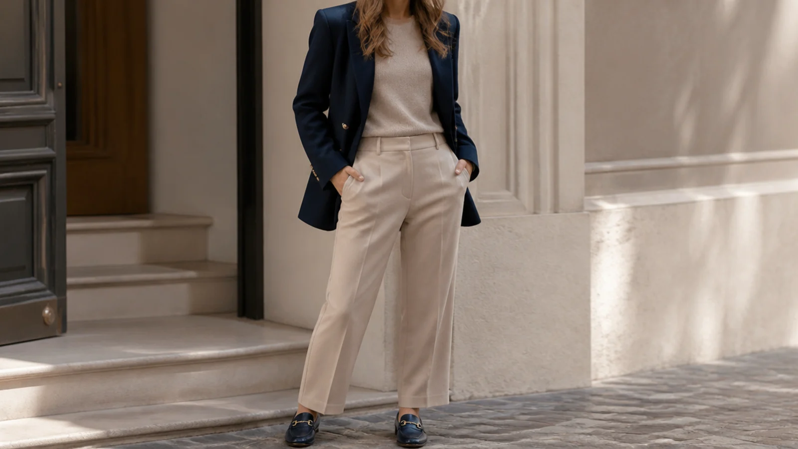 Faceless outfit with a navy blazer over a beige fine-knit with matching beige trousers and navy loafers