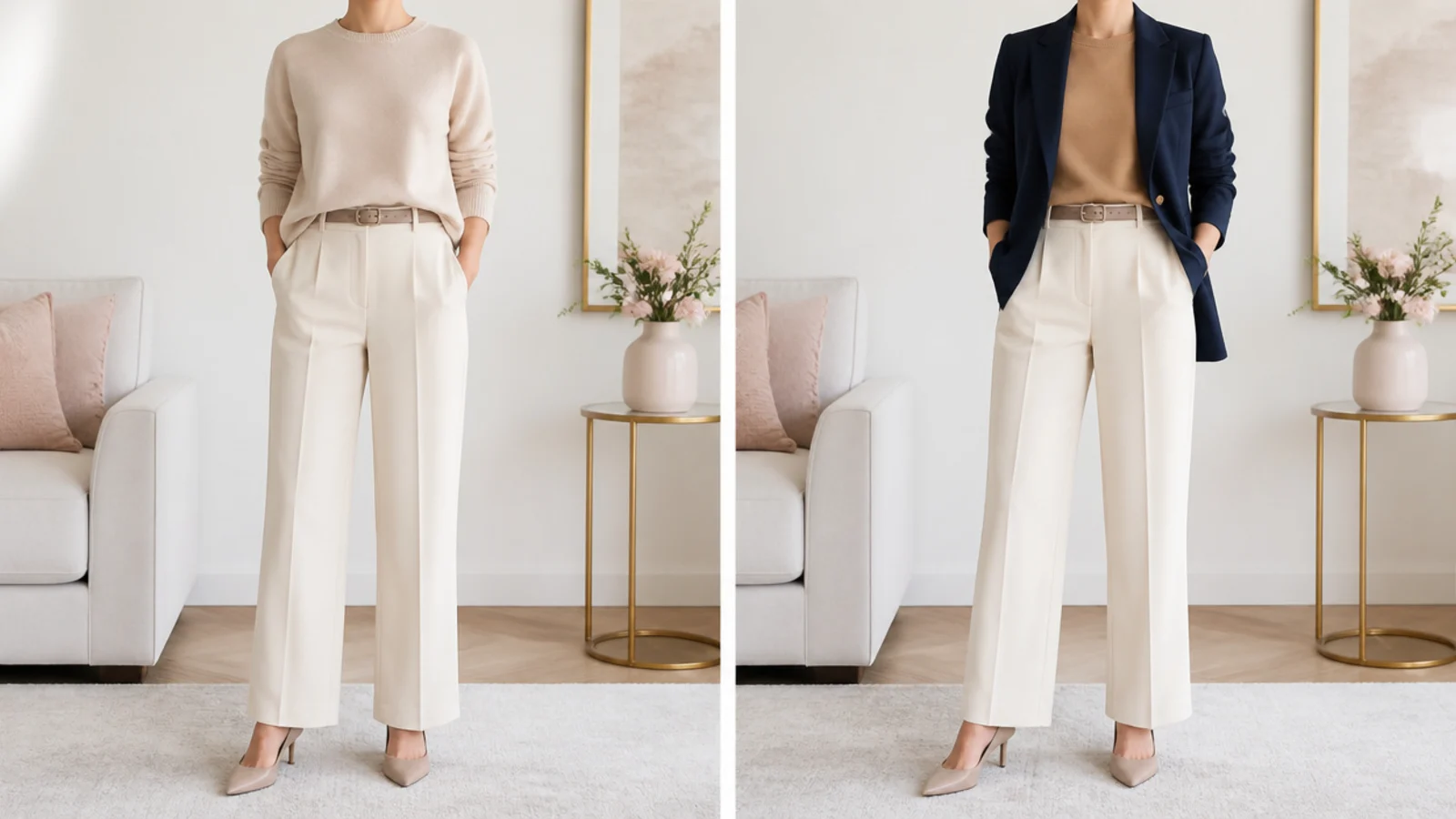 Faceless comparison of pale beige against the face versus a darker camel and navy layer lifting the complexion