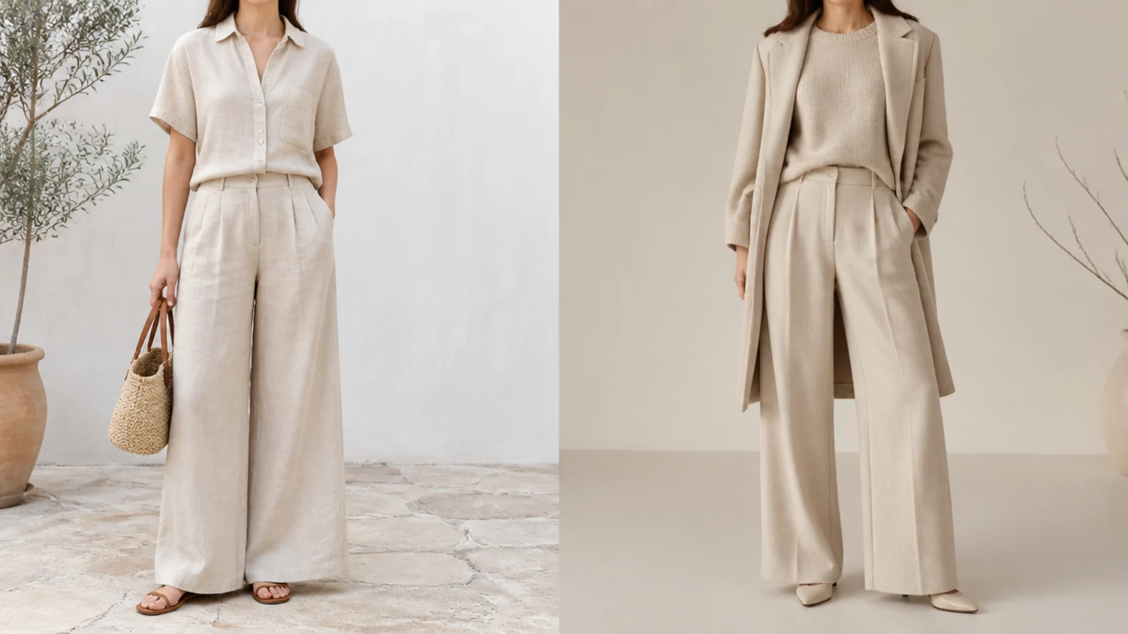 Faceless comparison of a beige formula in linen for summer and the same shapes in knit and wool for winter