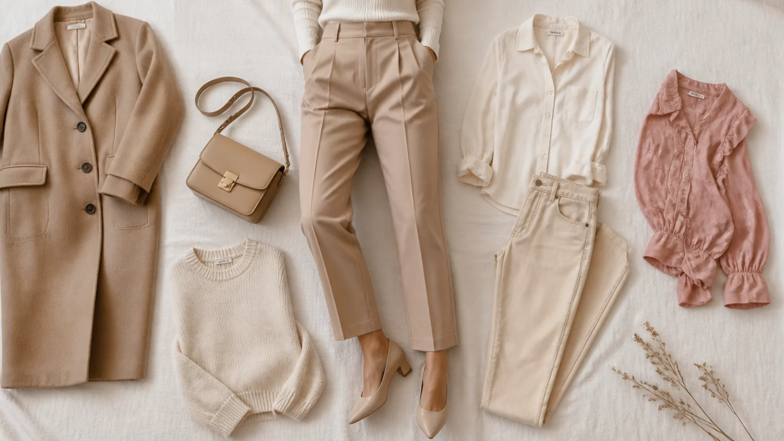 Faceless flat-lay of durable beige staples in wool, crepe and cotton beside a discarded trendy synthetic top