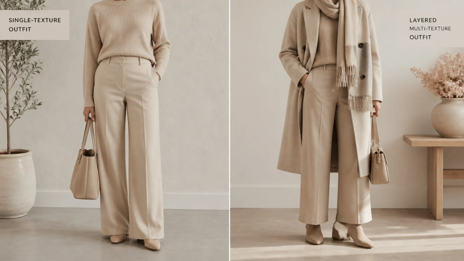 Faceless comparison of a flat single-texture beige outfit beside a layered multi-texture beige formula