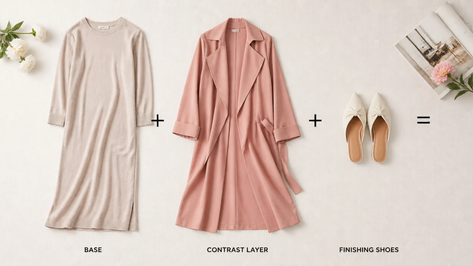 Faceless flat-lay showing a beige base piece, a contrast layer and finishing shoes arranged as a formula
