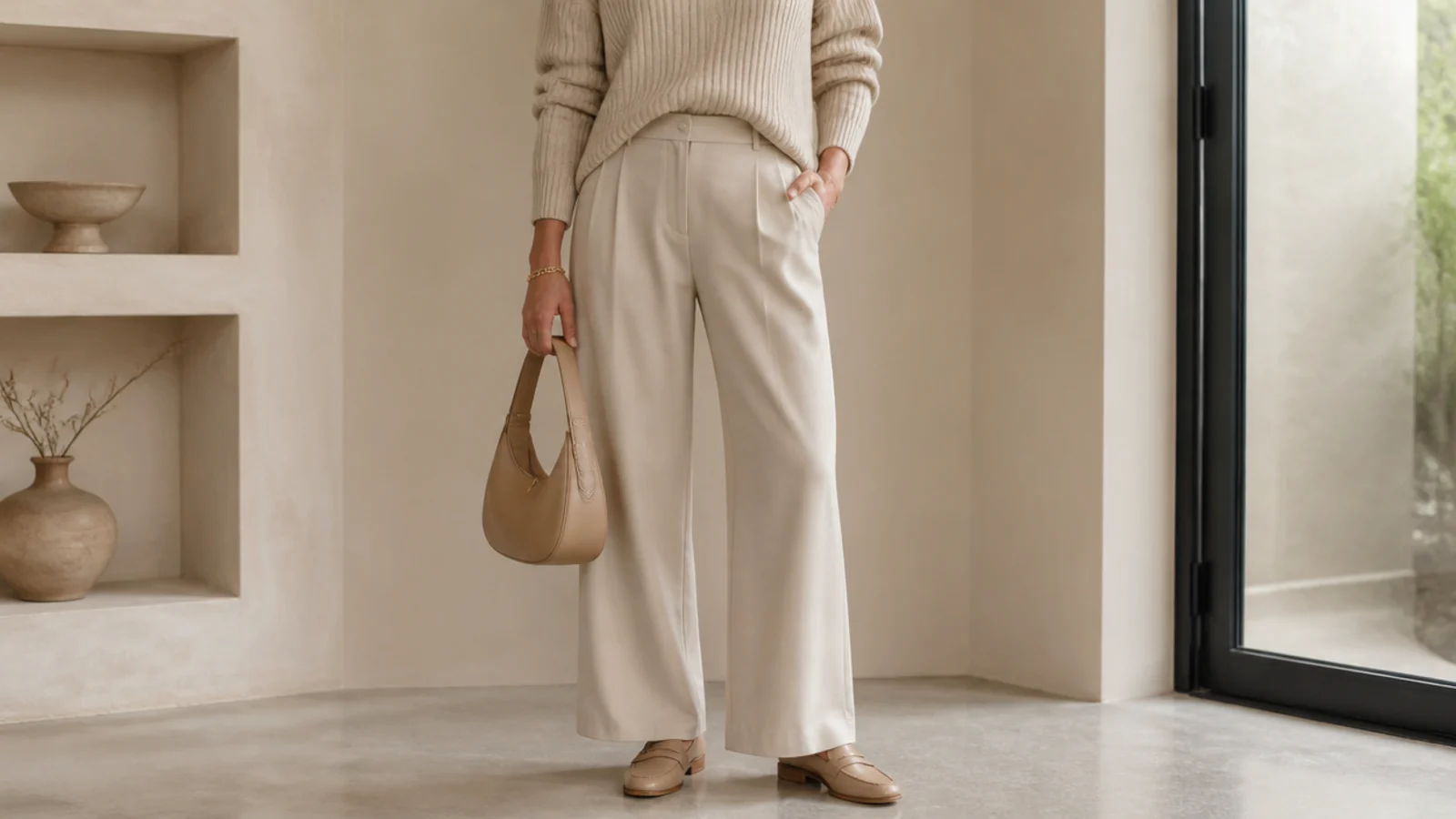 Faceless tonal beige outfit with an oatmeal ribbed knit, sand wide-leg trousers and tan loafers