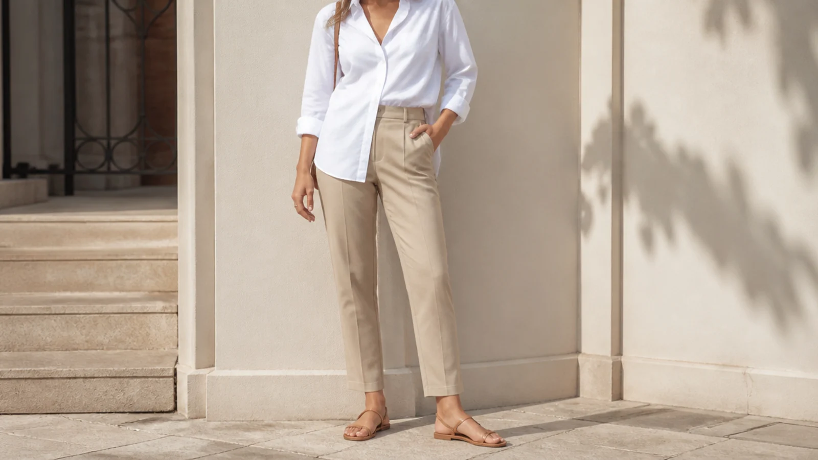 Faceless outfit with a crisp white poplin shirt, sand tailored trousers and tan flat sandals