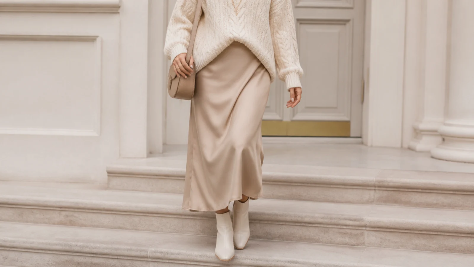 Faceless layered outfit with a cream cable knit over a beige slip skirt and cream ankle boots