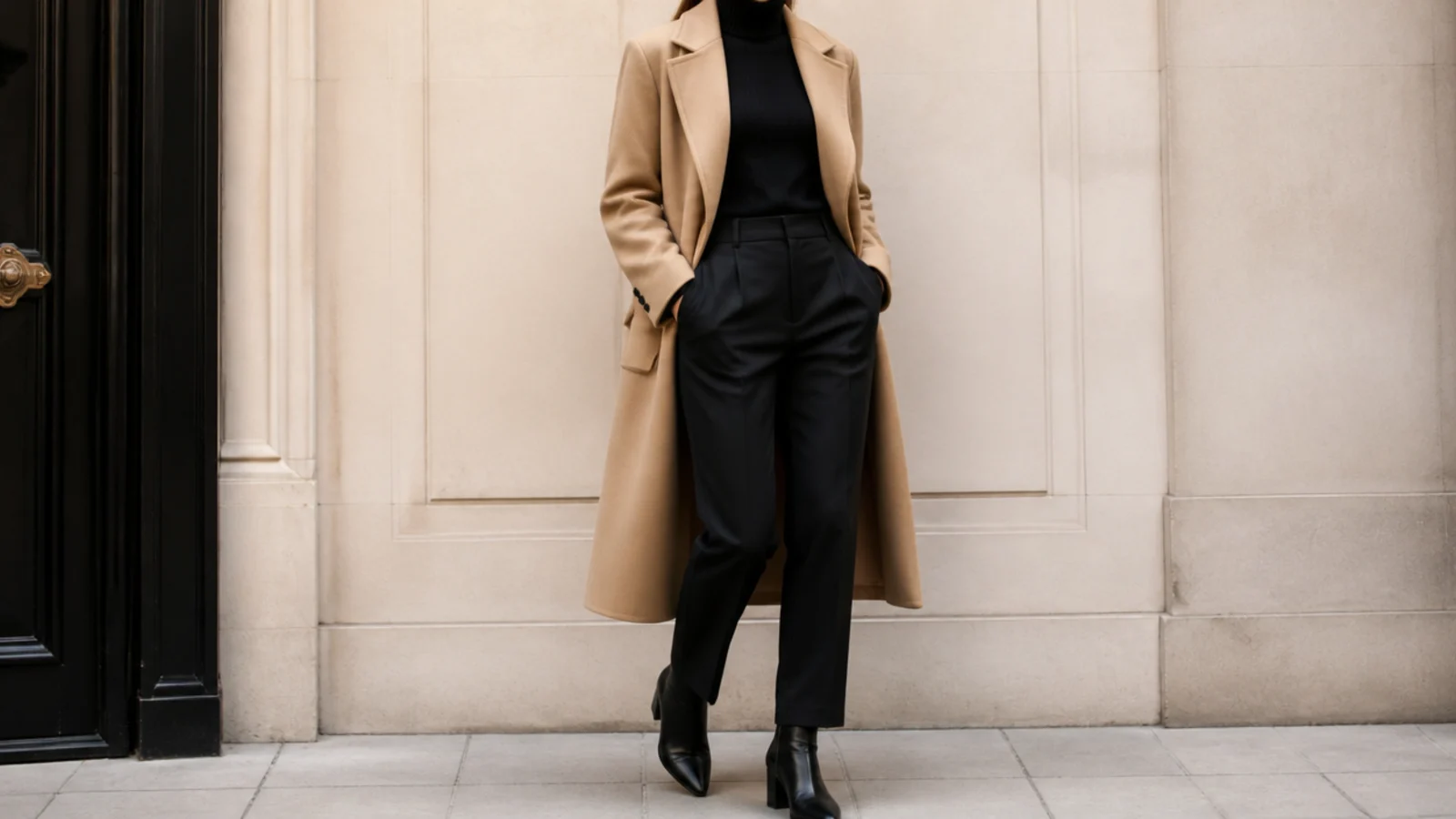 Faceless outfit with a camel-beige coat over a black turtleneck, black trousers and black boots