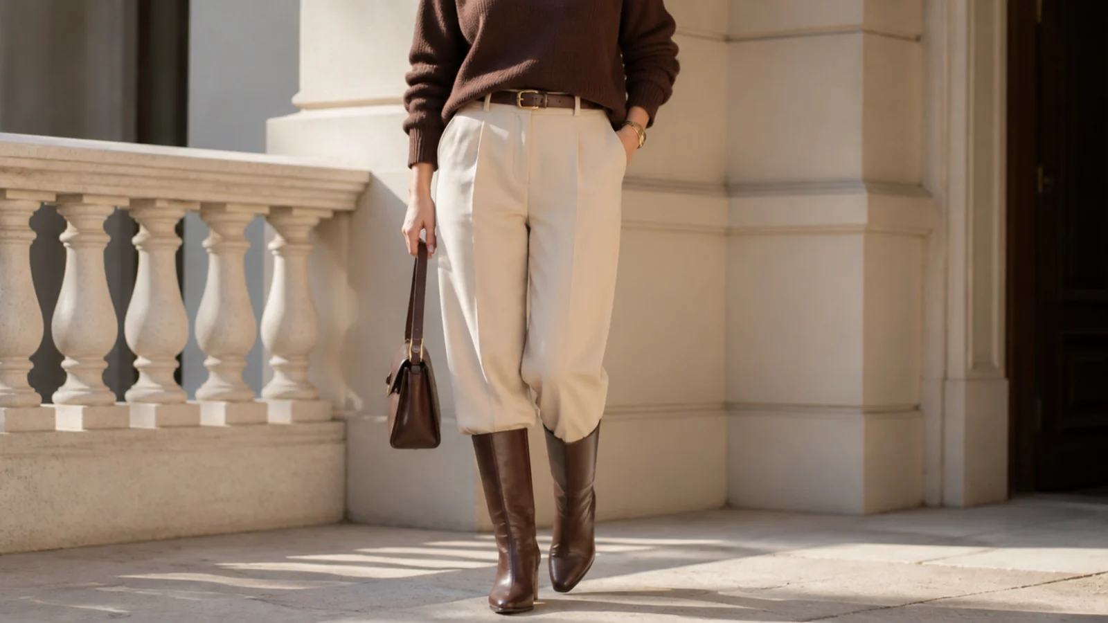 Faceless outfit with a chocolate brown knit, sand trousers and brown leather knee boots