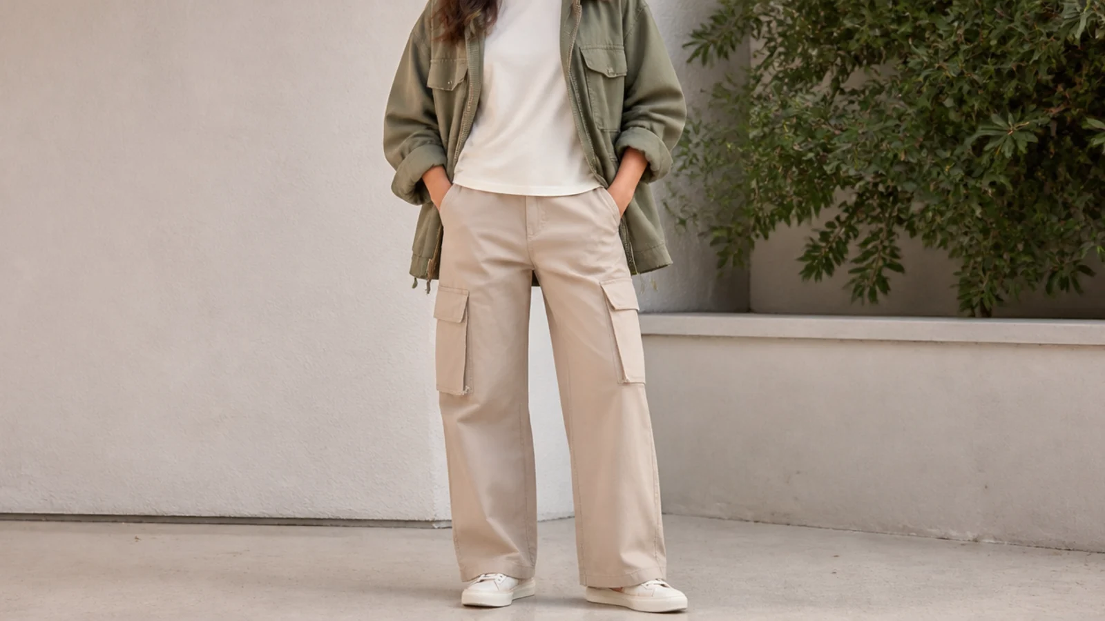 Faceless outfit with an olive utility jacket over a cream tee, beige cargo trousers and white sneakers