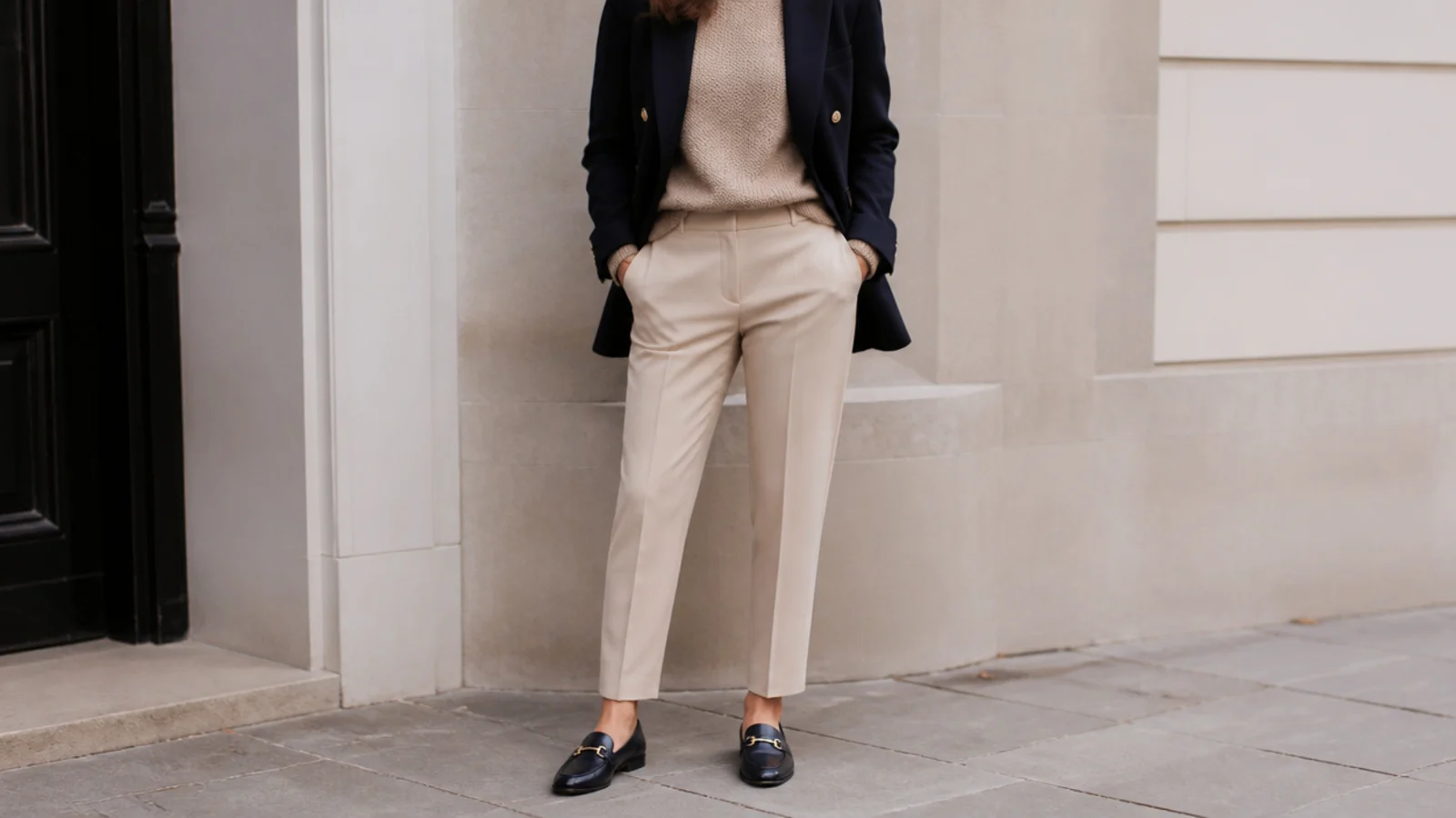 Faceless outfit with a navy blazer over a beige knit, beige trousers and navy loafers