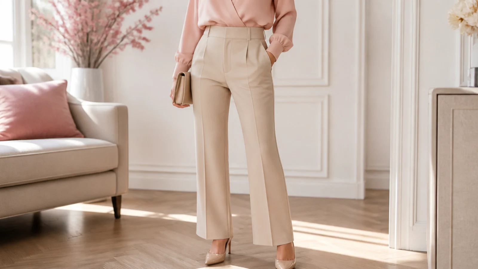 Faceless outfit with a blush pink blouse, beige tailored trousers and nude pointed heels