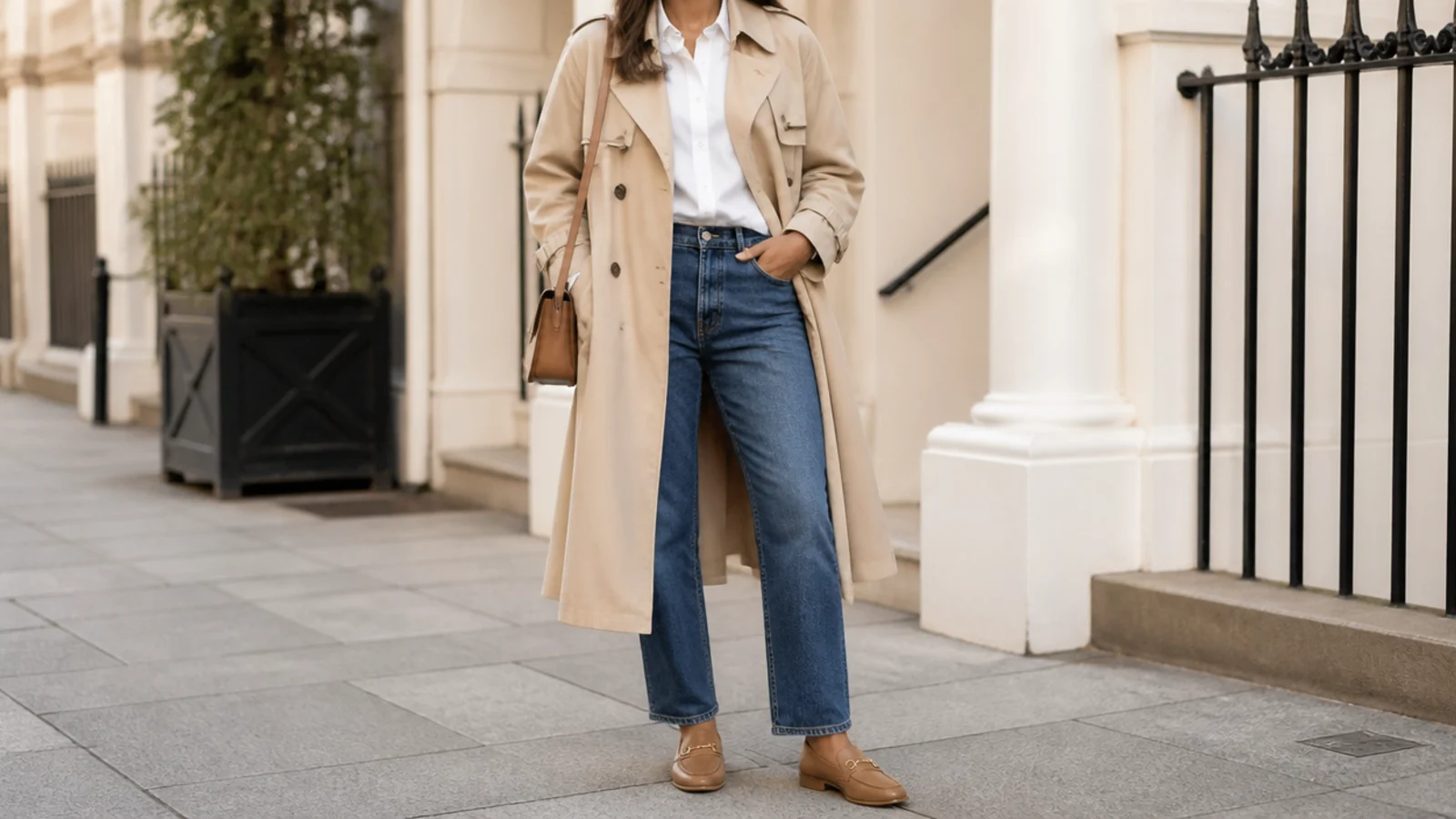 Faceless outfit with a classic beige trench coat over a white shirt, straight jeans and tan loafers