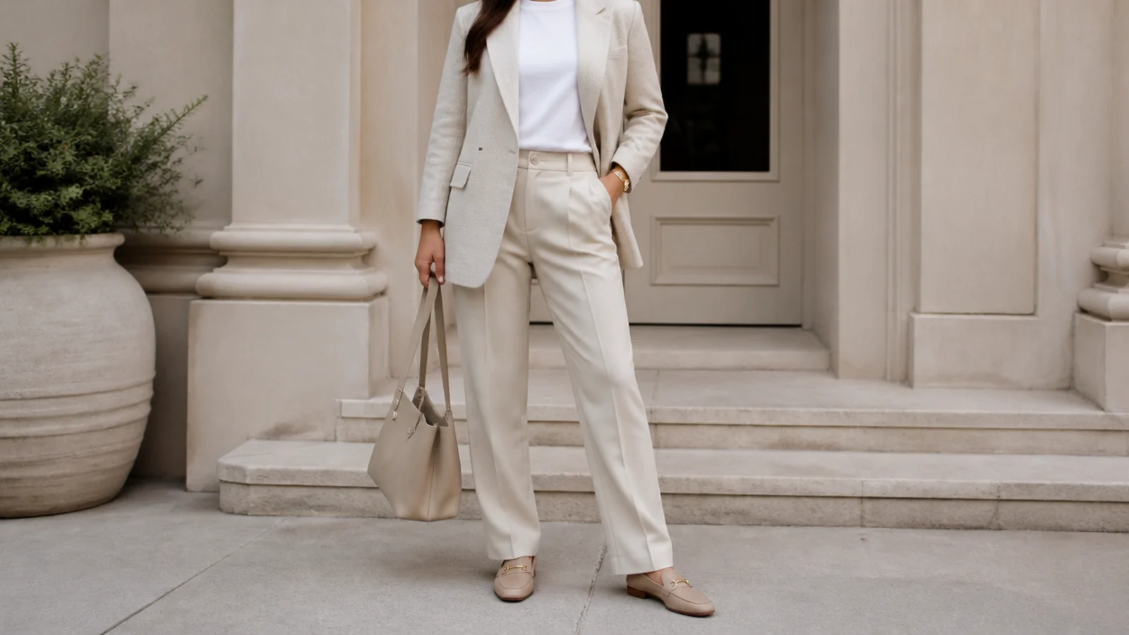 Faceless workwear outfit with an oatmeal blazer, a white tee, matching beige trousers and loafers