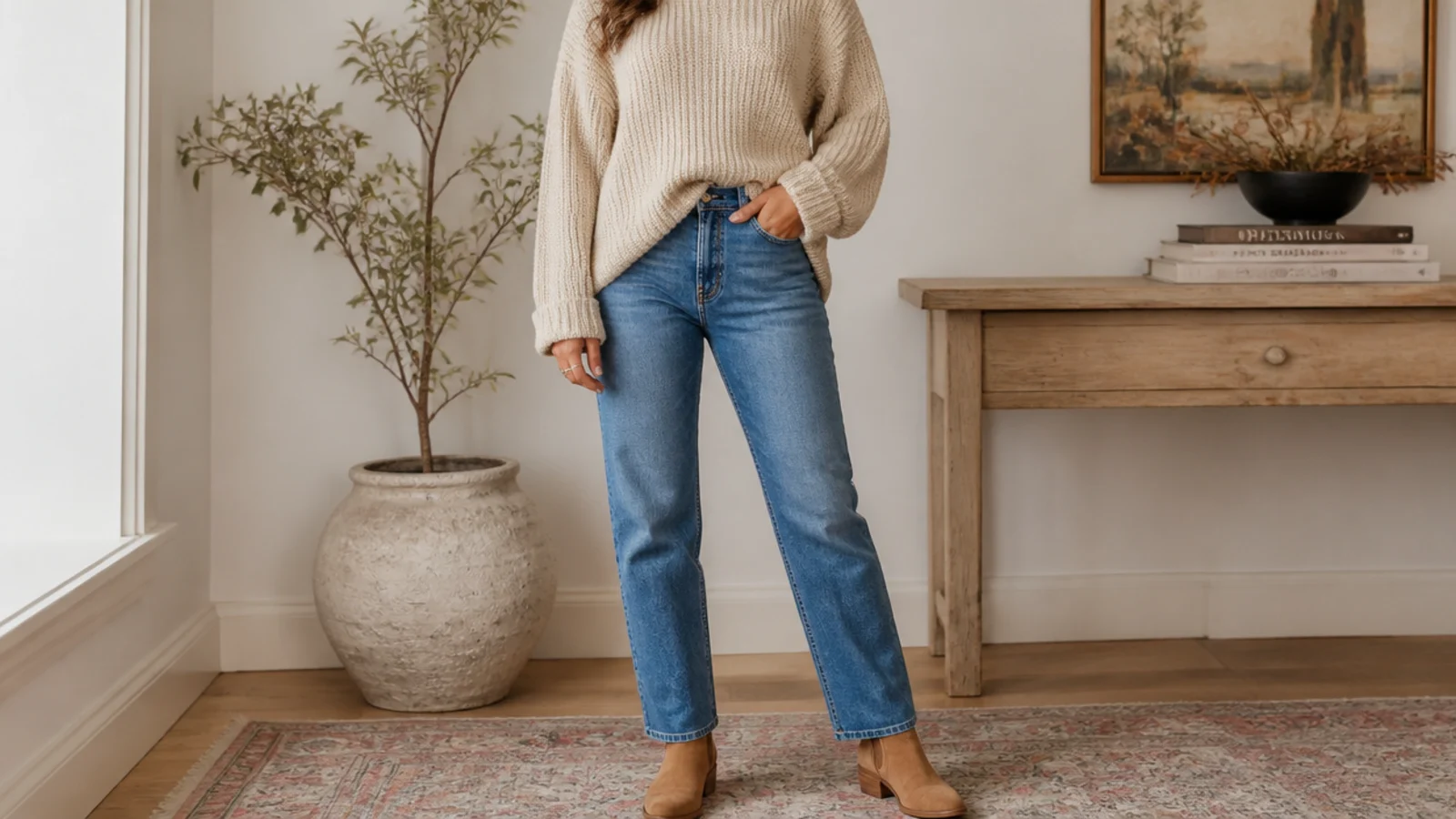 Faceless casual outfit with an oatmeal chunky knit, mid-blue straight jeans and tan ankle boots