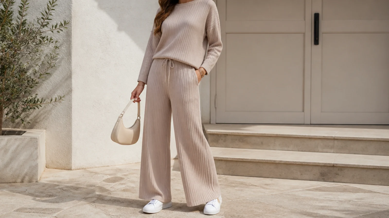 Faceless outfit with a matching beige ribbed knit top and wide-leg pants set with white sneakers