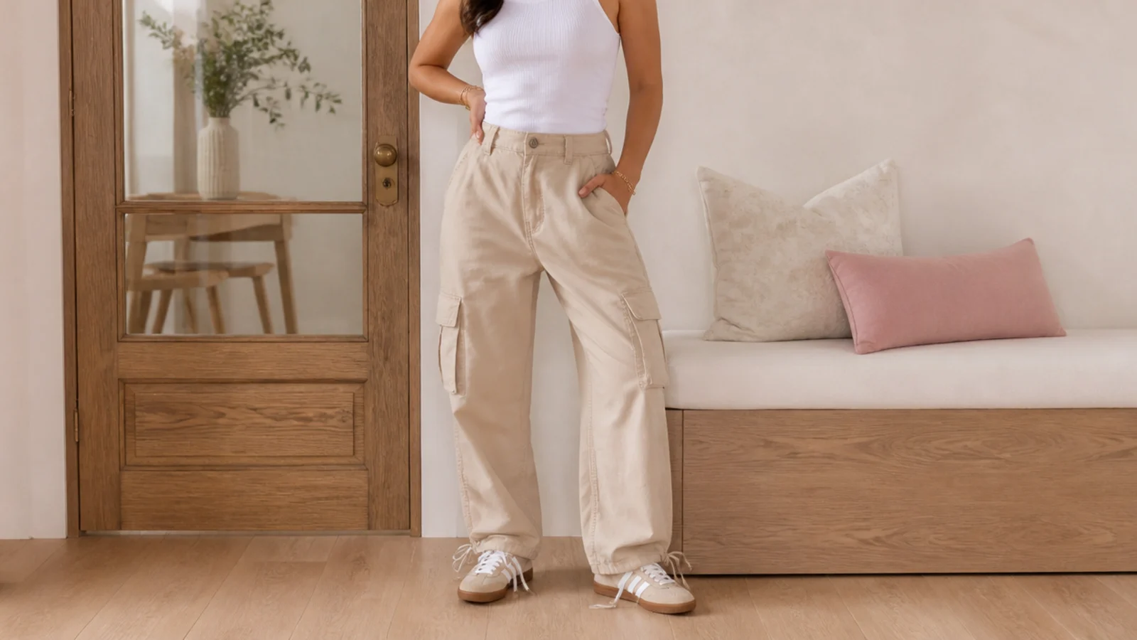 Faceless casual outfit with beige utility cargo pants, a fitted white rib tank and tan sneakers
