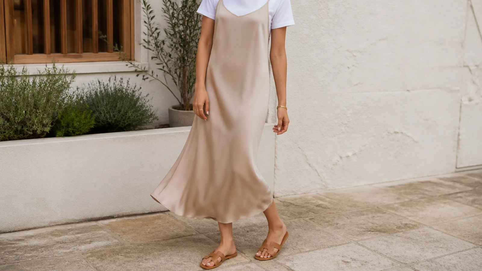 Faceless outfit with a beige satin bias slip dress layered over a white tee with tan sandals
