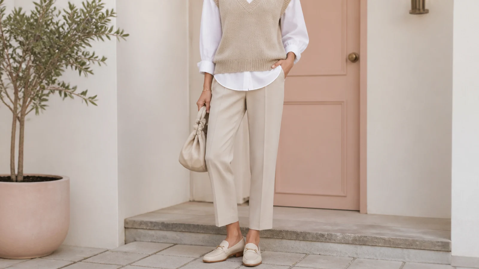 Faceless outfit with a beige knit vest over a white poplin shirt, beige trousers and loafers