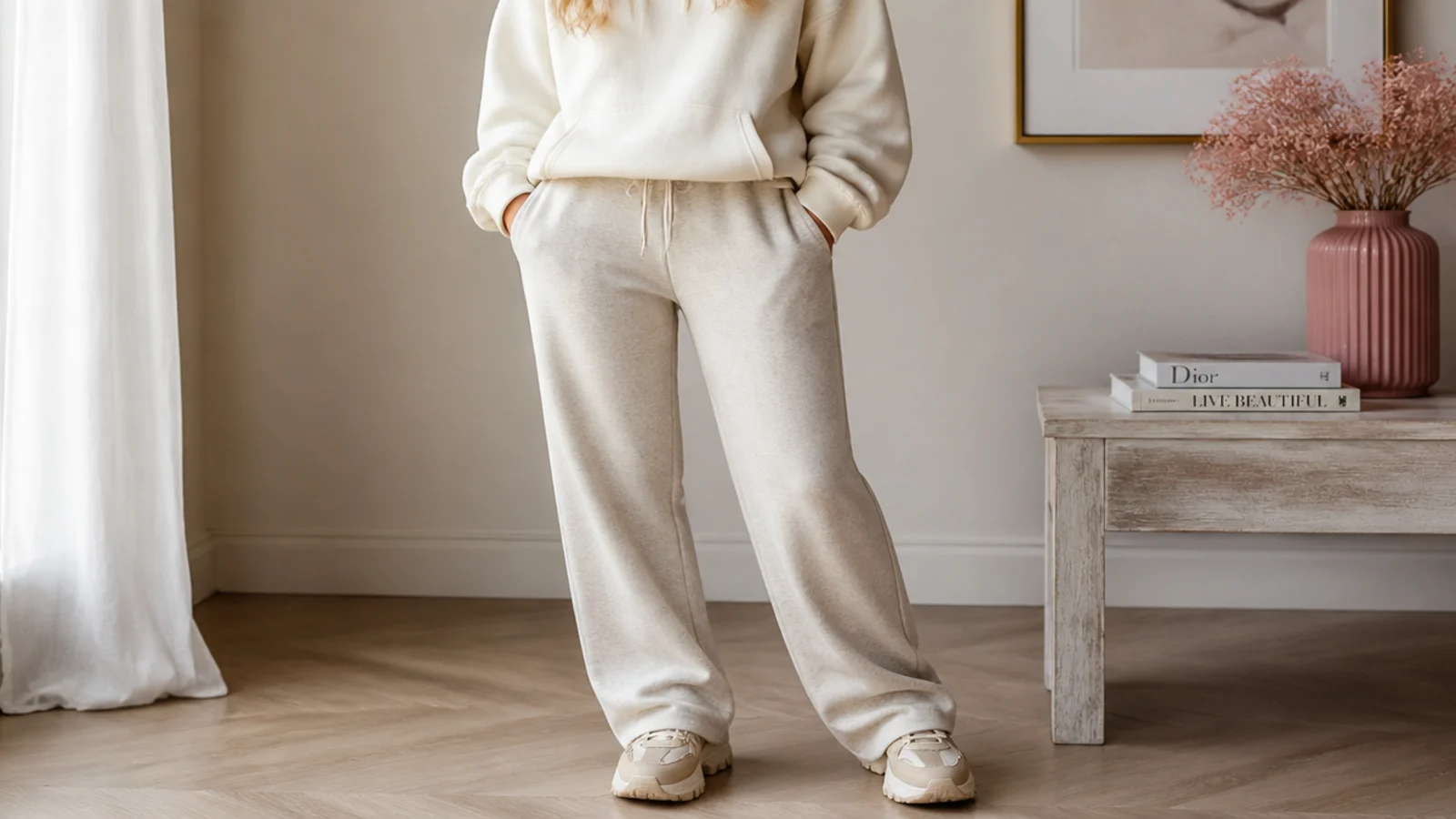 Faceless cozy outfit with oatmeal sweatpants, a cream hoodie and tan chunky sneakers