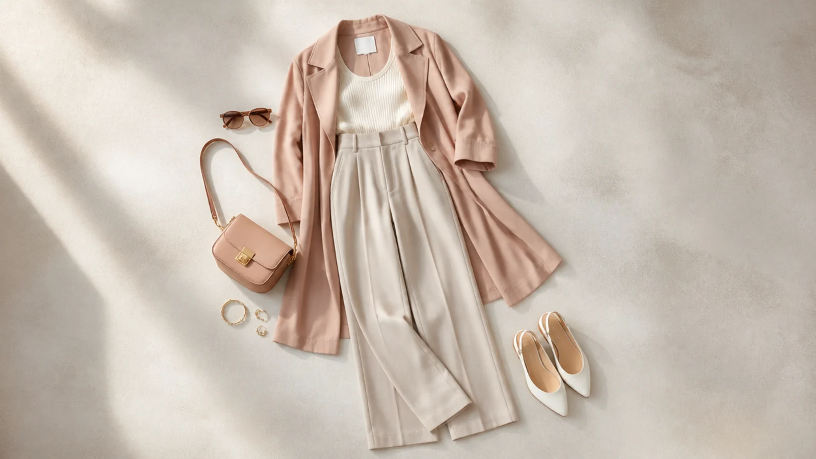 Faceless flat-lay showing a beige base, a contrast layer and finishing shoes and accessories