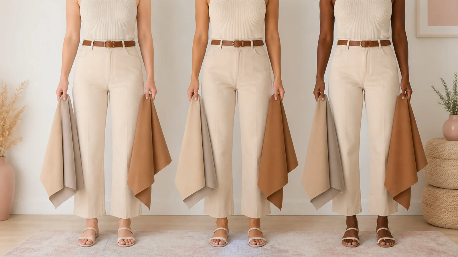 Faceless comparison of warm sand, cool greige and deep camel beige held against three skin tones