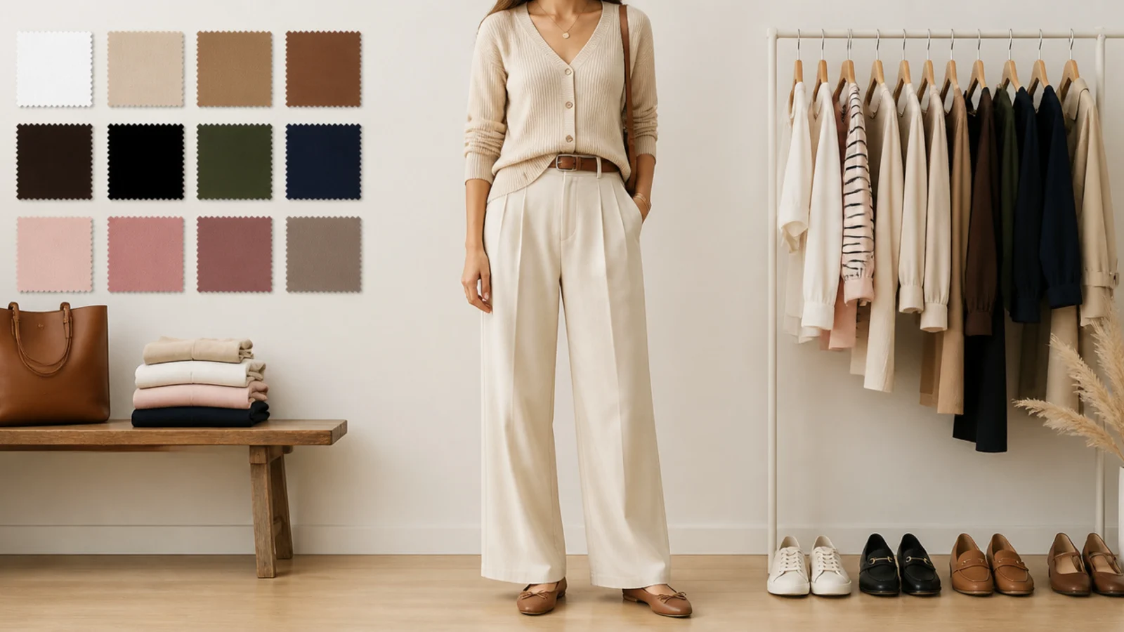 Faceless flat-lay of beige garments paired with white, black, camel, chocolate, olive, navy and blush swatches