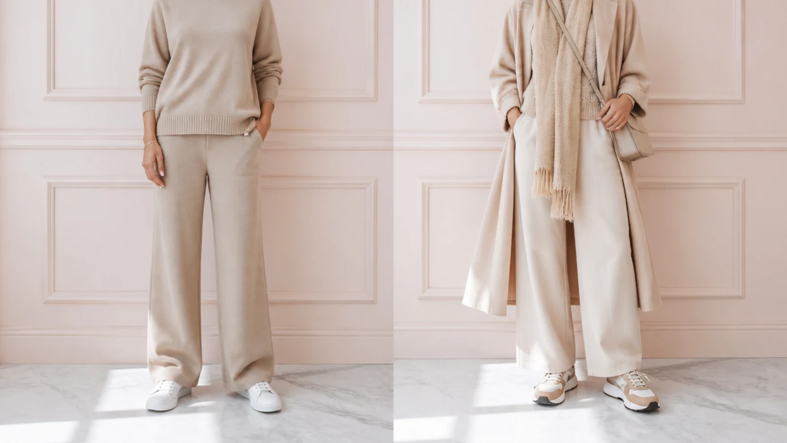 Faceless comparison of a flat single-texture beige outfit beside a layered multi-texture beige outfit