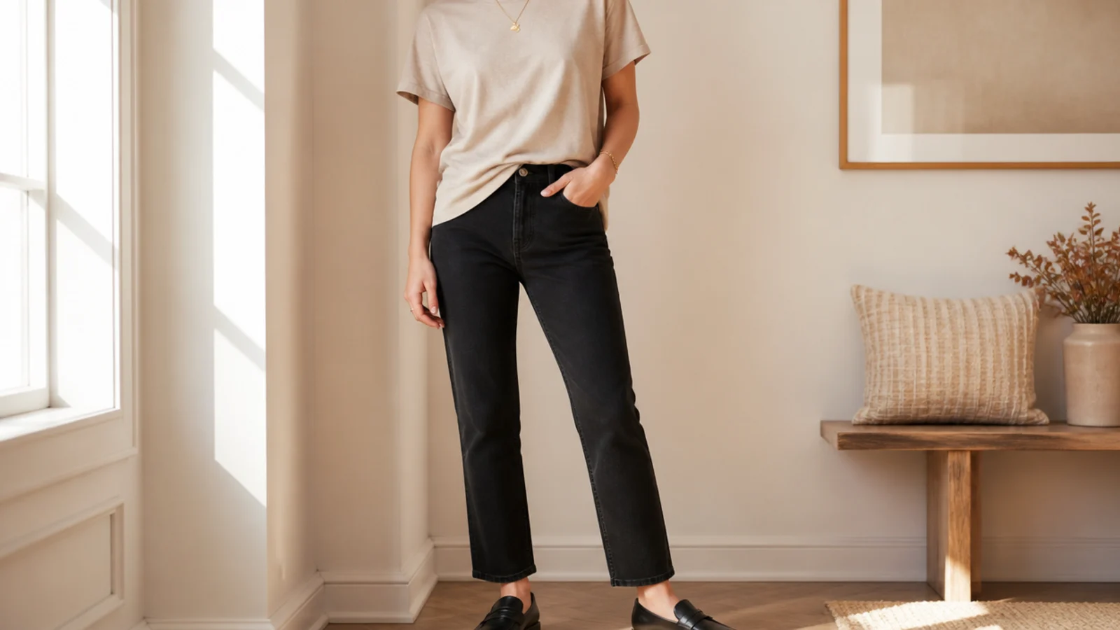 Faceless outfit with a beige crew tee half-tucked into black straight-leg jeans and black loafers