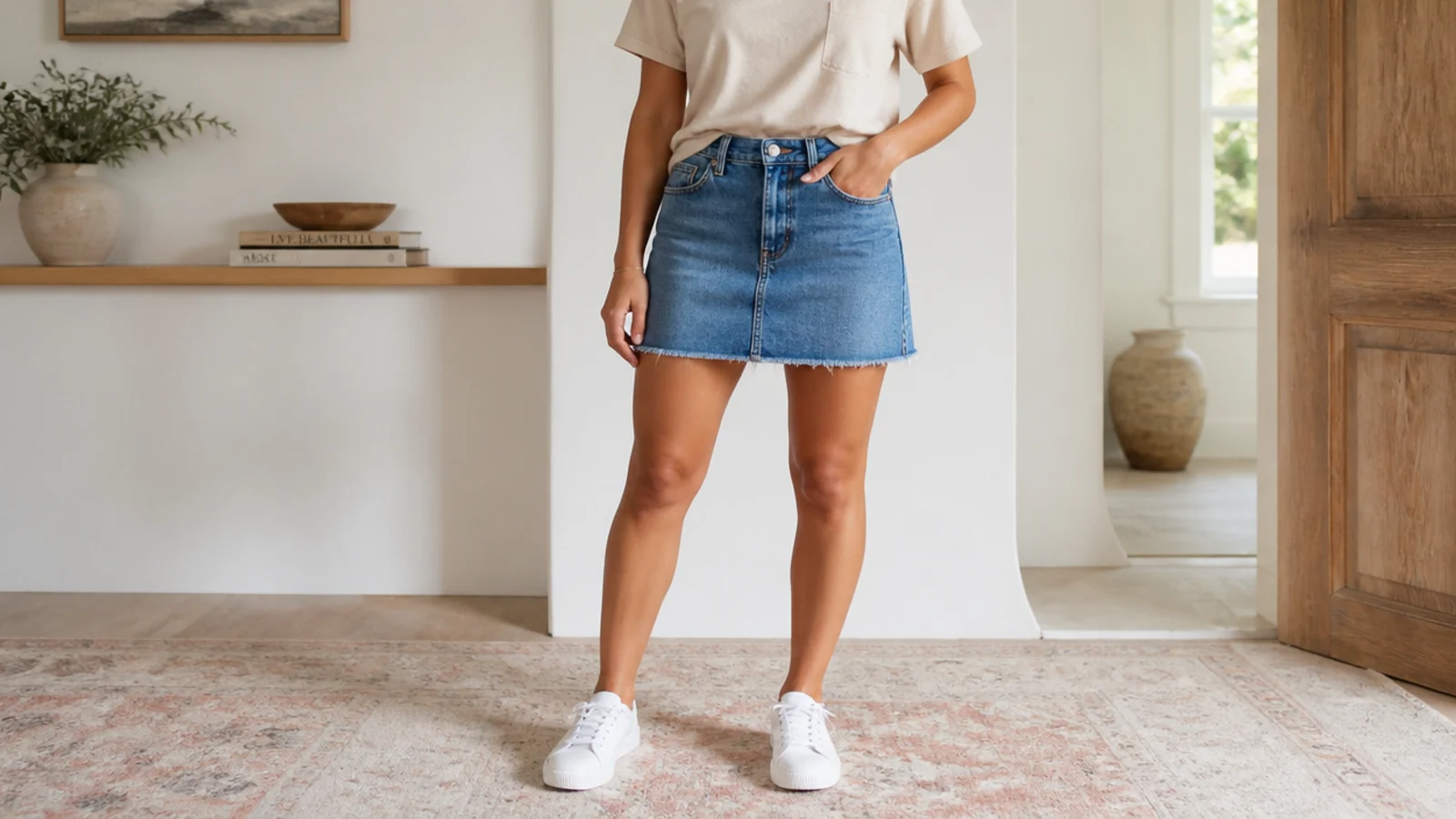 Faceless outfit with a beige tee tucked into a mid-blue denim mini skirt with white sneakers