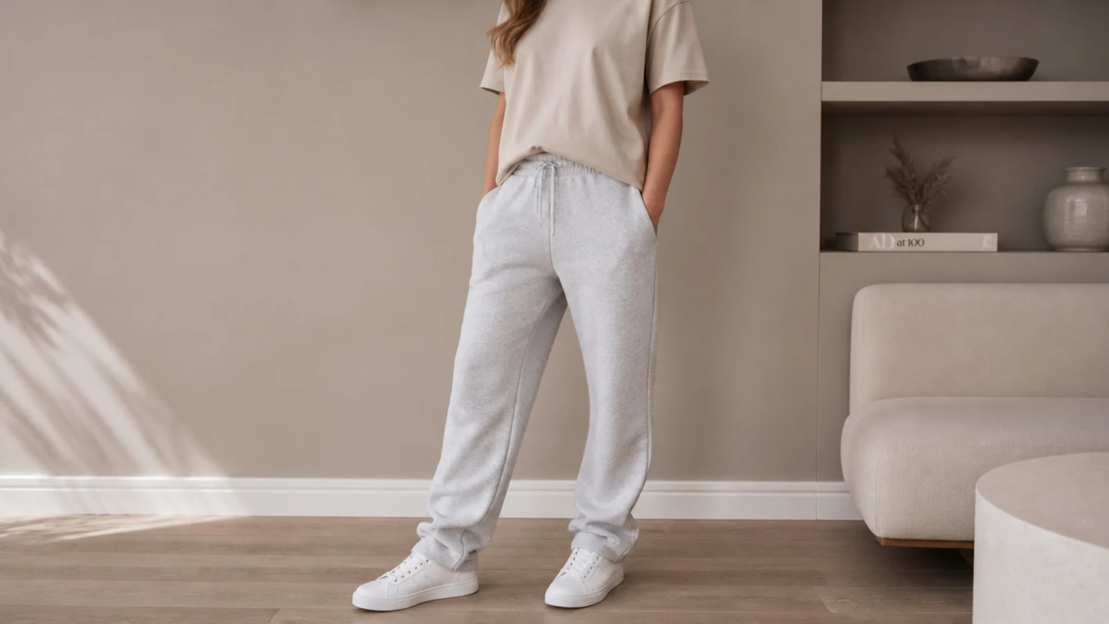 Faceless athleisure outfit with a beige boxy tee and heather-gray sweatpants with white low-top sneakers