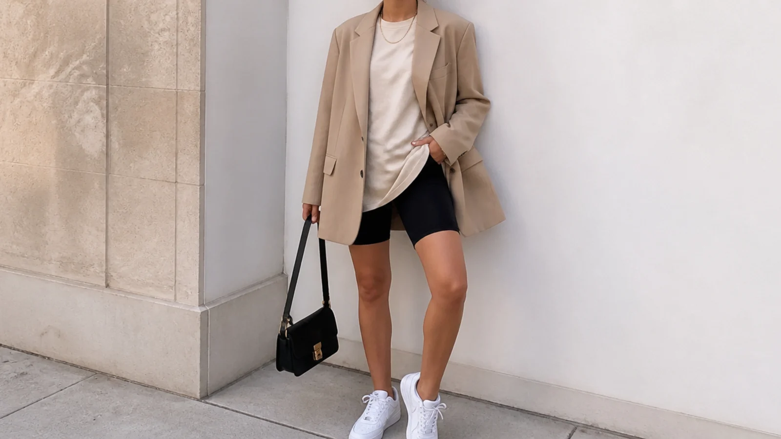 Faceless outfit with a beige tee under an oversized camel blazer with black biker shorts and white sneakers