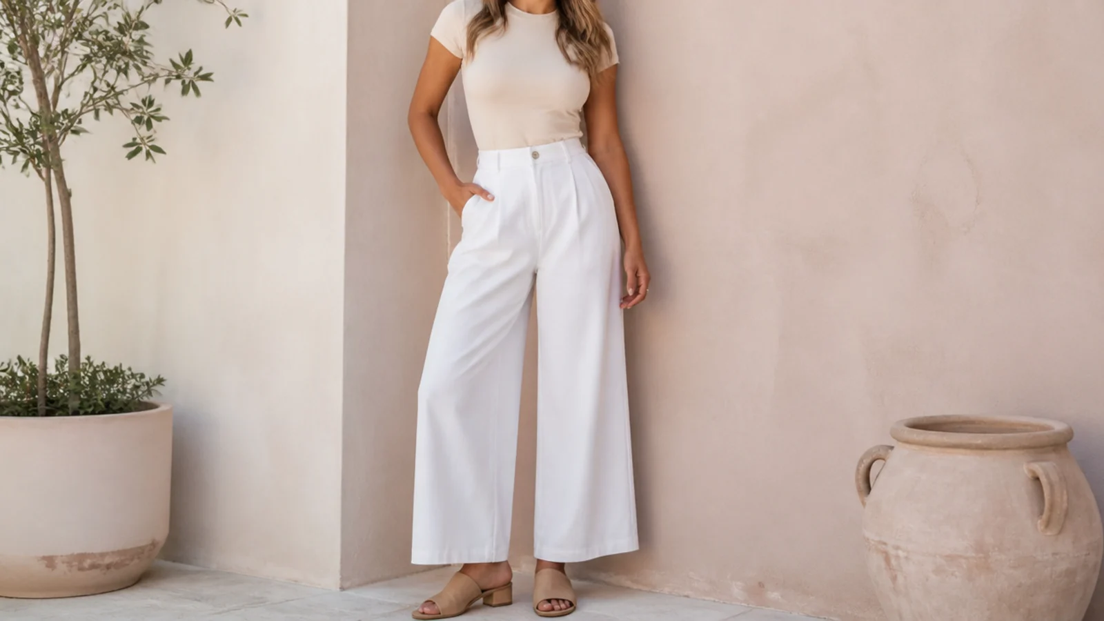 Faceless outfit with a beige fitted tee tucked into white wide-leg trousers with tan mules