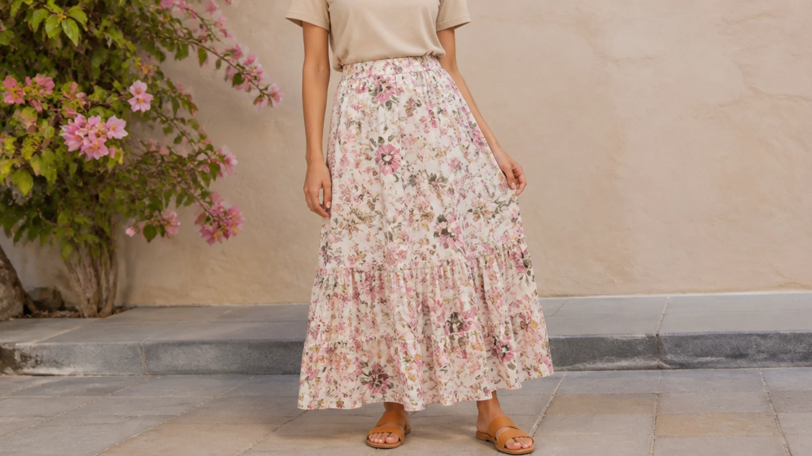 Faceless outfit with a beige tee tucked into a floral maxi skirt with tan sandals