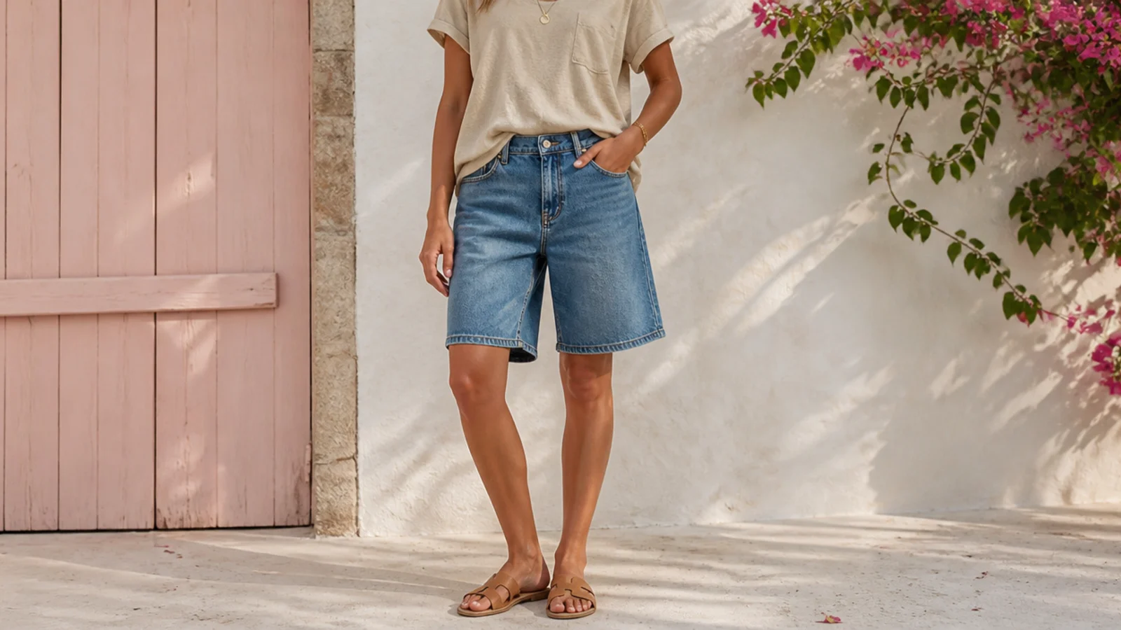 Faceless summer outfit with a beige tee half-tucked into mid-blue Bermuda denim shorts and tan sandals