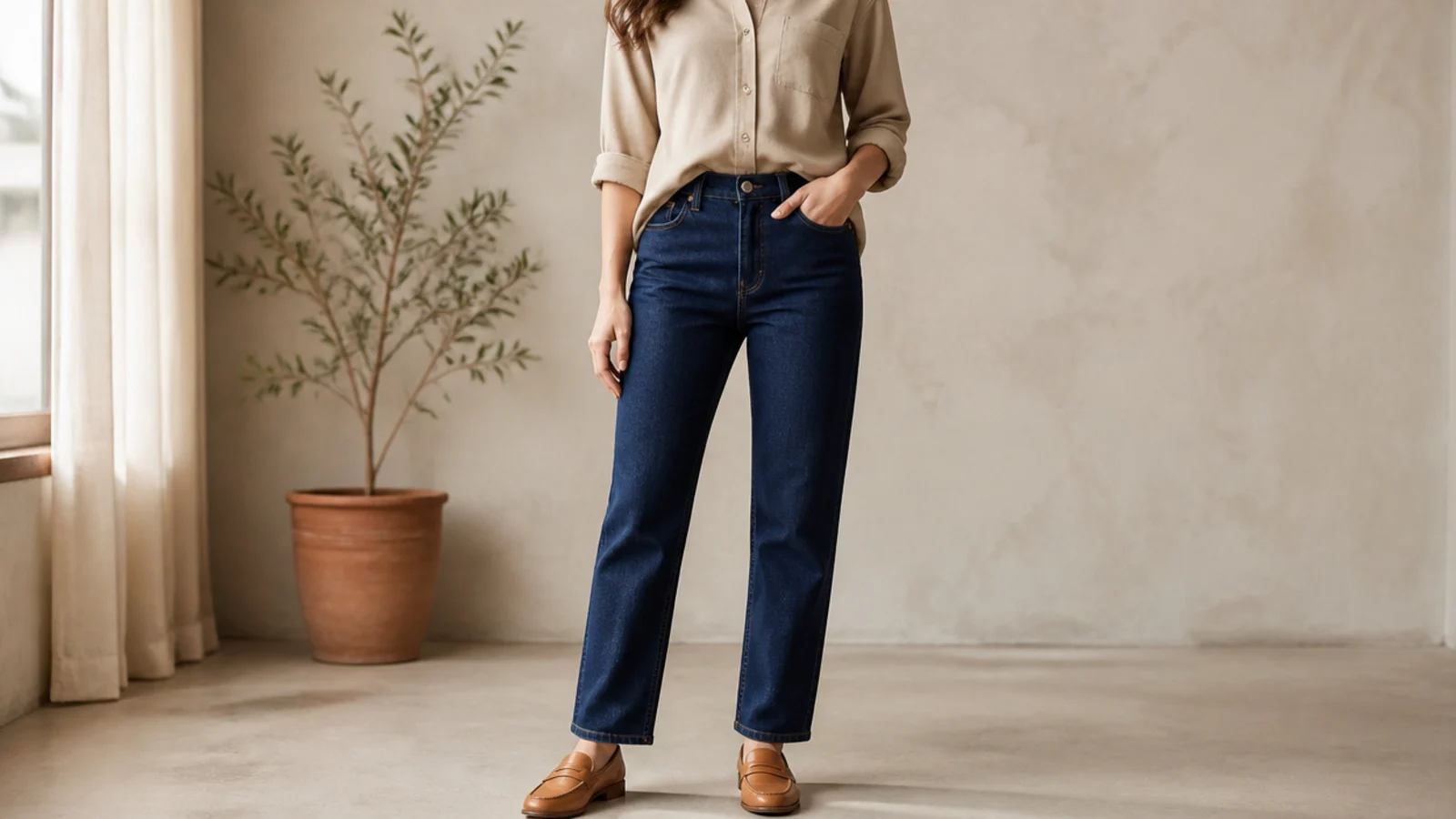 Faceless outfit with a beige poplin button-down half-tucked into dark-wash straight-leg jeans and tan loafers