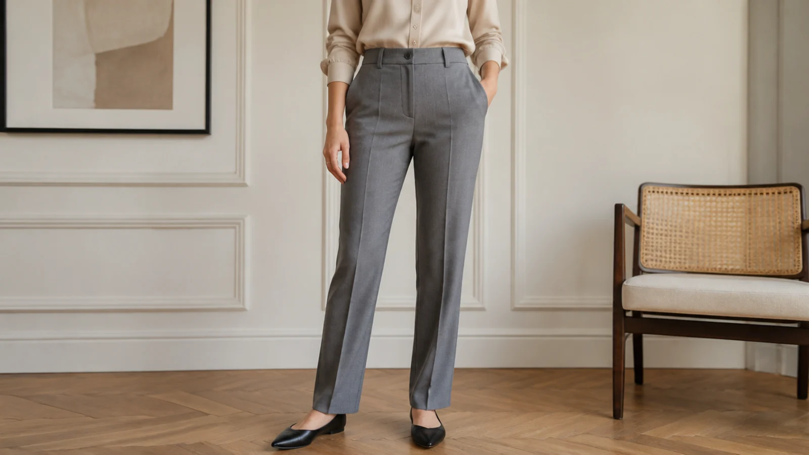 Faceless workwear outfit with a beige oxford dress shirt tucked into tailored gray trousers with black pointed flats