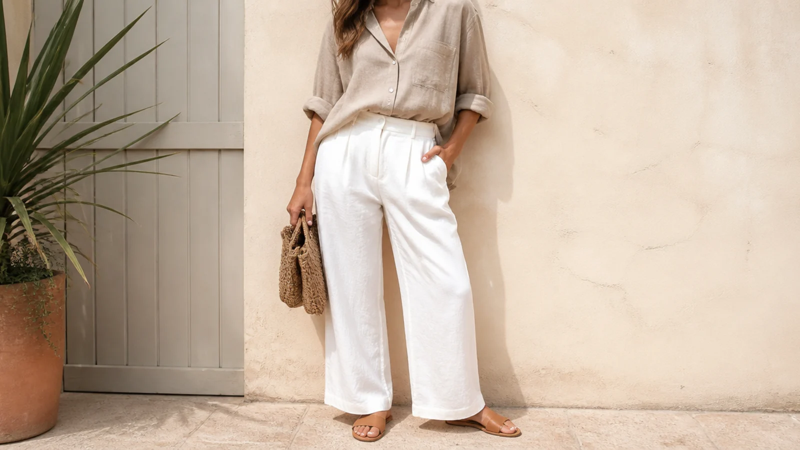 Faceless summer outfit with a beige linen button-down and white linen pants with tan flat sandals