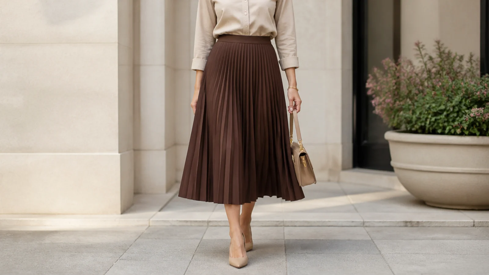 Faceless outfit with a beige poplin button-down tucked into a chocolate pleated midi skirt with tan heels