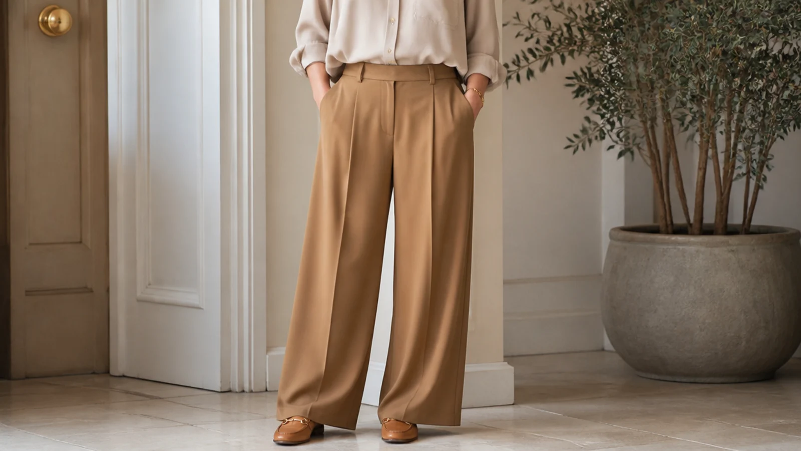 Faceless outfit with a beige dress shirt tucked into wide-leg camel trousers with tan loafers