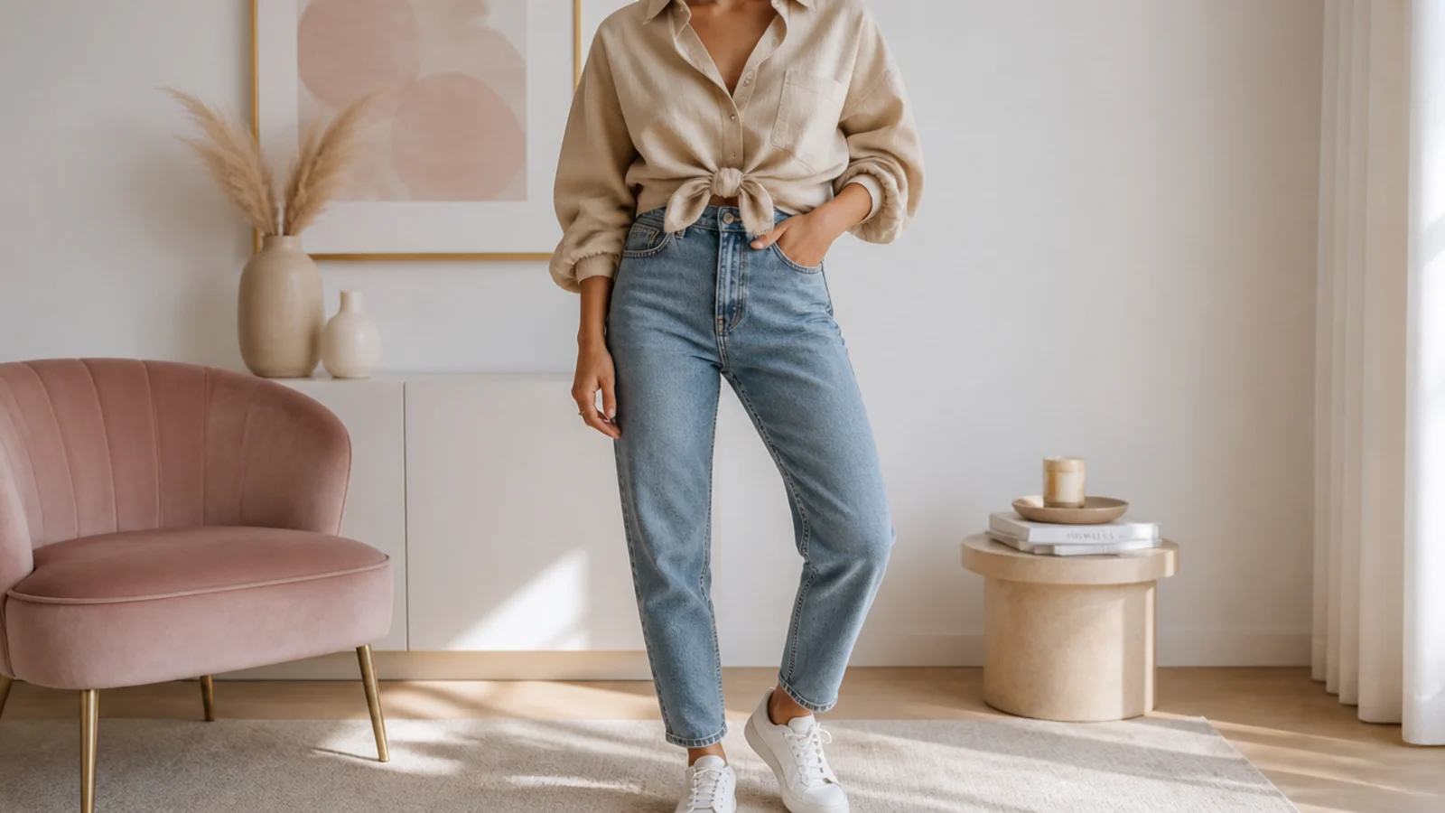 Faceless outfit with an oversized beige button-down knotted at the waist over high-waisted mom jeans and white sneakers