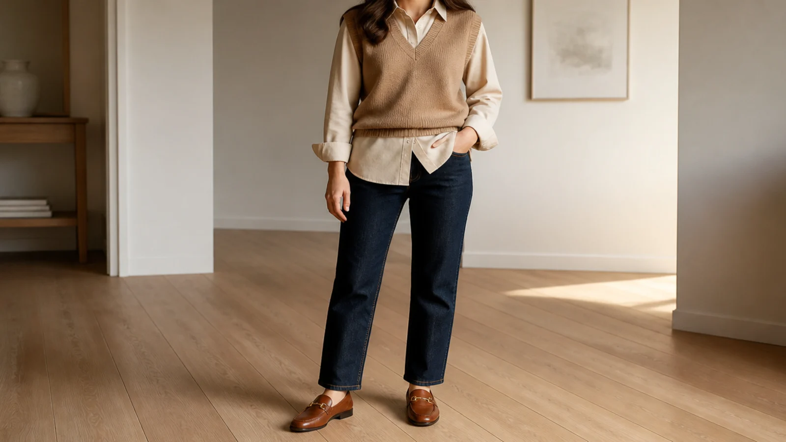 Faceless outfit with a beige button-down under a camel knit vest with dark-wash jeans and loafers