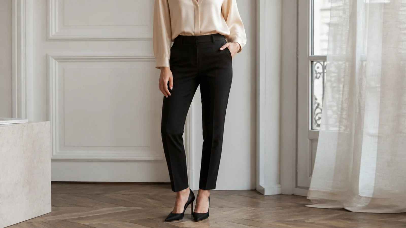Faceless evening outfit with a beige silk blouse tucked into black cigarette pants with black pointed heels